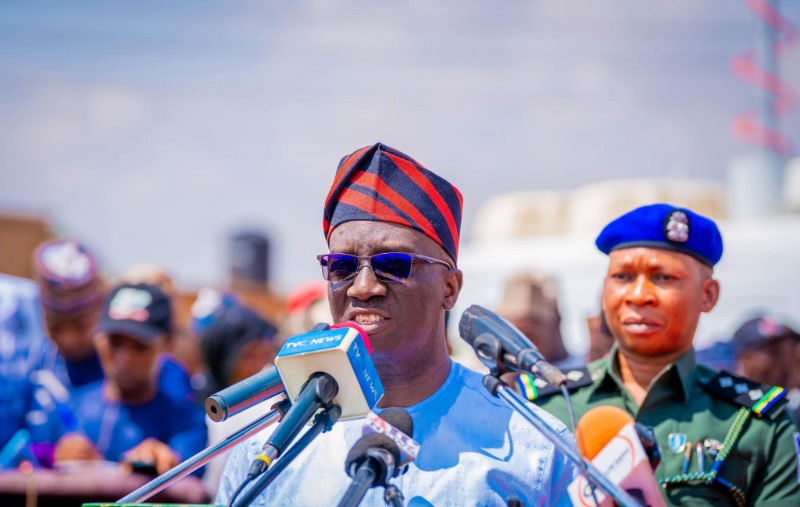 Edo State Governor Monday Okpebholo addressing the press during a government event in Benin City
