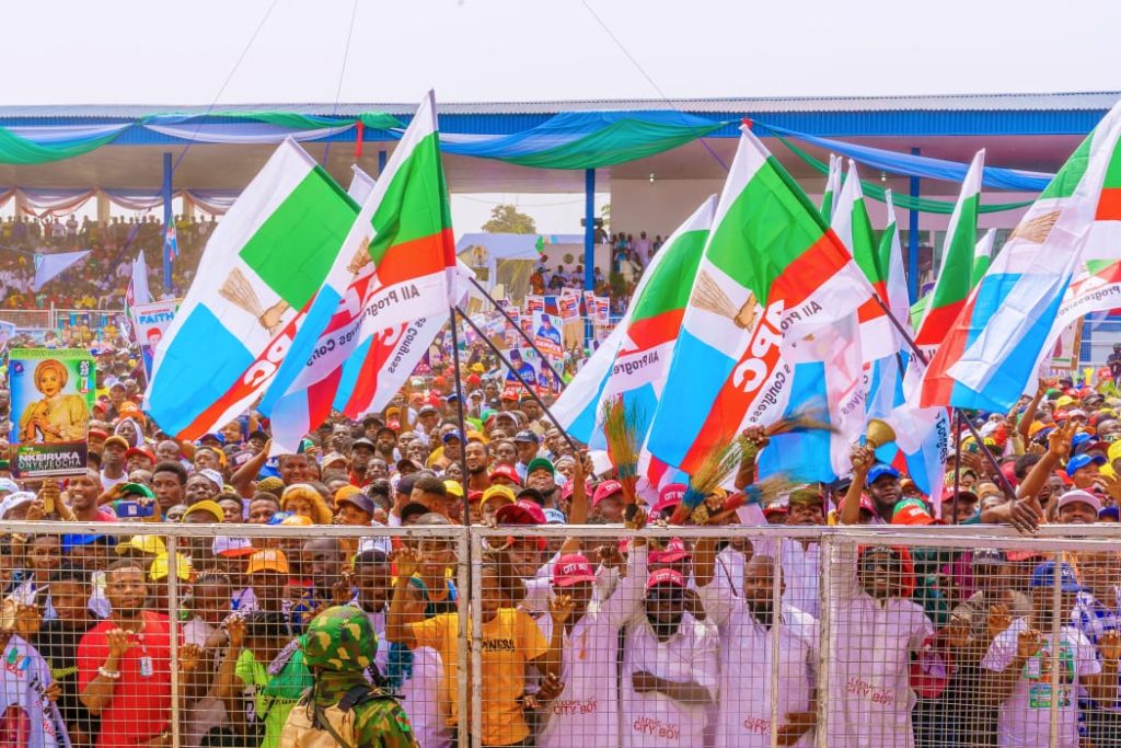 All Progressives Congress (APC) flag waving proudly, symbolizing the party’s historic by-election victory in Kaduna’s Chikun/Kajuru constituency.