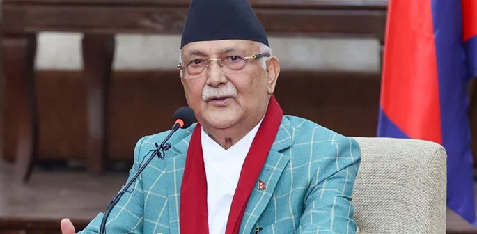 Former Nepalese Prime Minister KP Sharma Oli at a press briefing; overlaid with images of protests and police presence during the recent unrest.