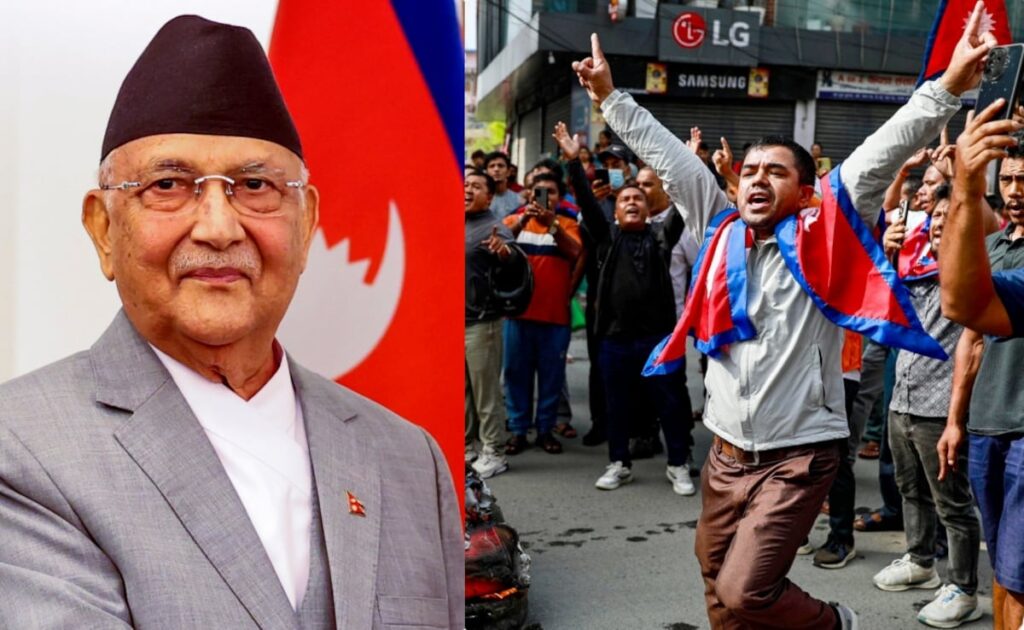 Former Nepalese Prime Minister KP Sharma Oli at a press briefing; overlaid with images of protests and police presence during the recent unrest.