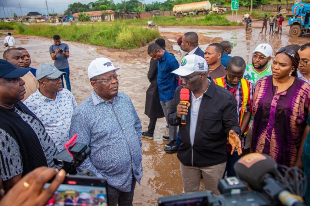Edo State Governor Okpebholo and Minister of Works Umahi inspecting the federal roads in Edo, discussing urgent repairs and infrastructure improvements.