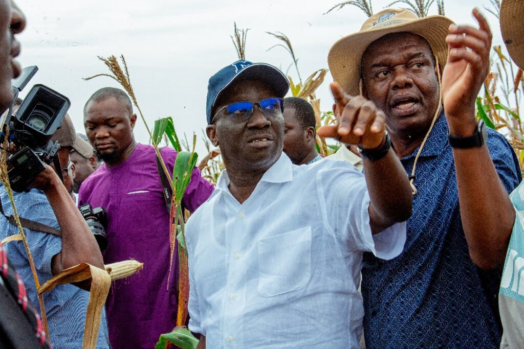 Governor Monday Okpebholo inspecting Udomi Farm in Edo State, highlighting large-scale agriculture and economic diversification efforts.