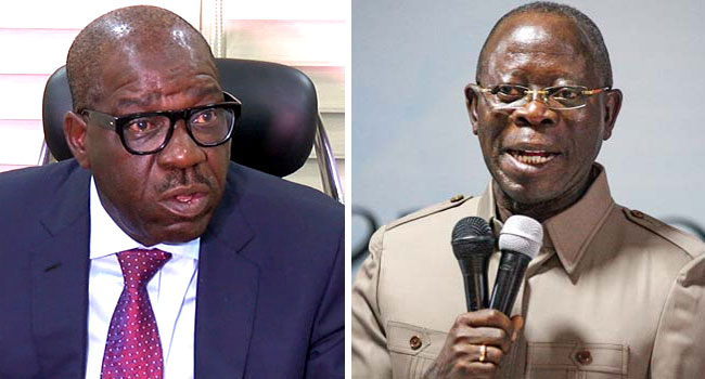 Adams Oshiomhole speaking at a public event, criticizing Edo State Governor Godwin Obaseki’s performance.
